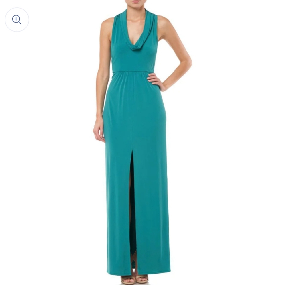 Halston Heritage Draped Cowl Neck Gown Front Slit Maxi Dress In Green NW…